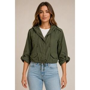 Forever 21 Utility Jacket Womens XS Olive Green Hooded Roll Tab Military Coat